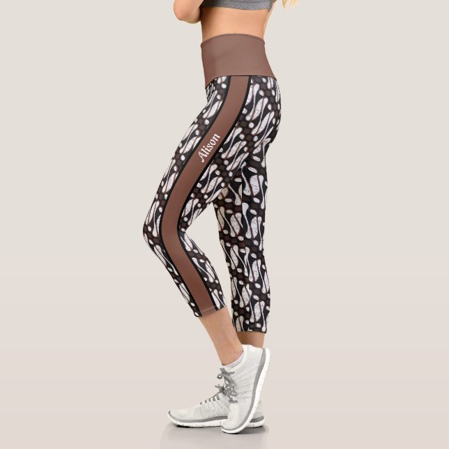 Custom Unique Brown Black White Java Ethnic Batik  Capri Leggings (Left)