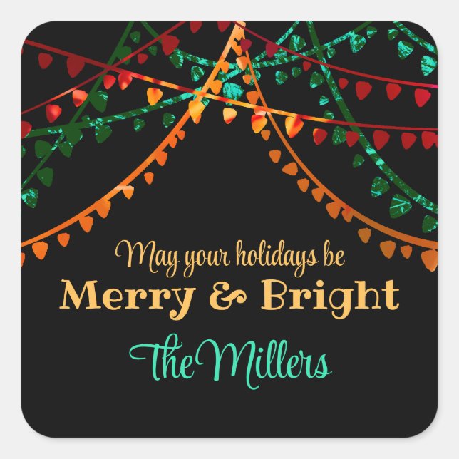 Custom Unique Colourful Christmas Lights Merry   Square Sticker (Front)