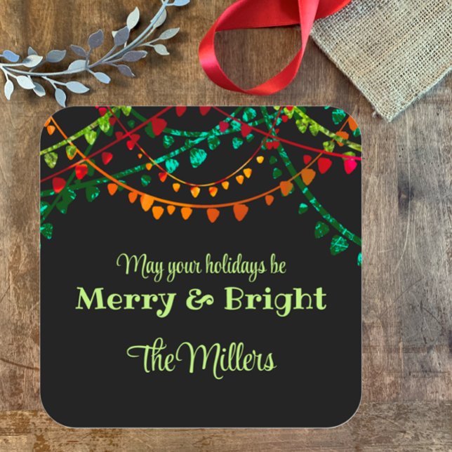 Custom Unique Colourful Merry Christmas Lights  Square Sticker (Add some original art to you holiday packages and cards: personalized Bright Merry and colorful )