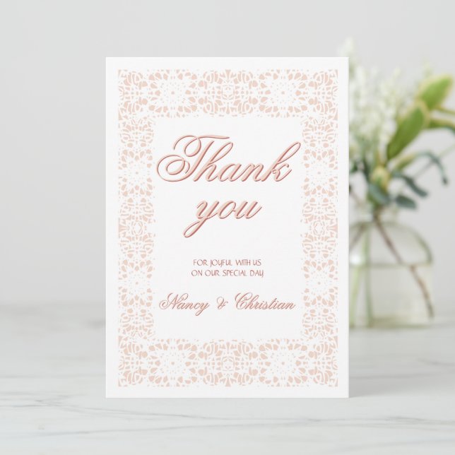 Custom unique elegant pink lace thank you cart  card (Standing Front)
