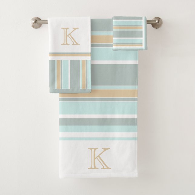 Custom Unique Seafoam Green White Tan Stripe Art Bath Towel Set (Insitu)