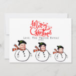 Custom Upload Family Photo Faces Christmas Card<br><div class="desc">Such a Cute,  Fun,  And Creative Family Christmas Card!
Customise Your Holiday Christmas Card by Uploading Your Cutout Photo Faces in Each Snowman!
This Holiday Card is For a Family of 3!
Customise Your Family Name,  Greeting,  and Year as Well!
Merry Christmas</div>