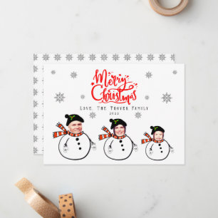 Custom Upload Photo Snowmen Faces Christmas Card