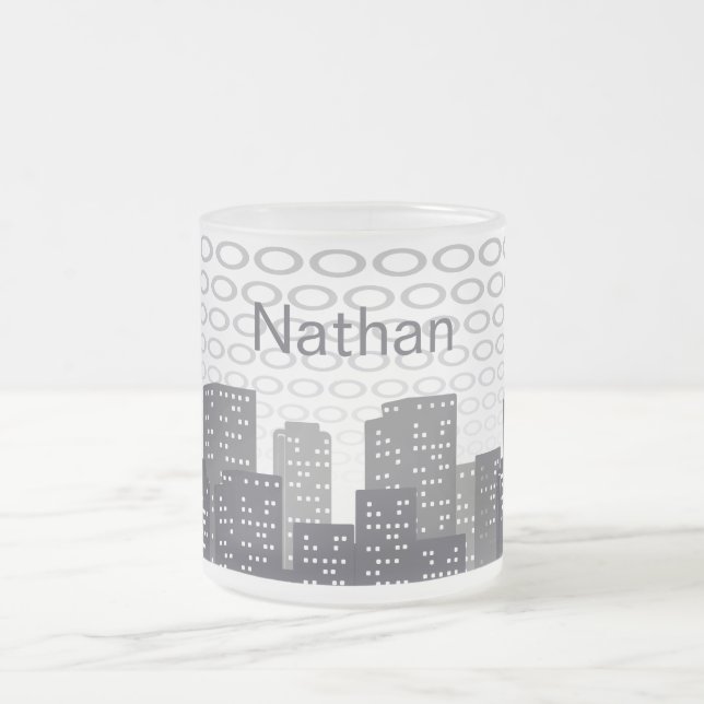 Custom Urban Cityscape Shades of Grey Personalised Frosted Glass Coffee Mug (Center)