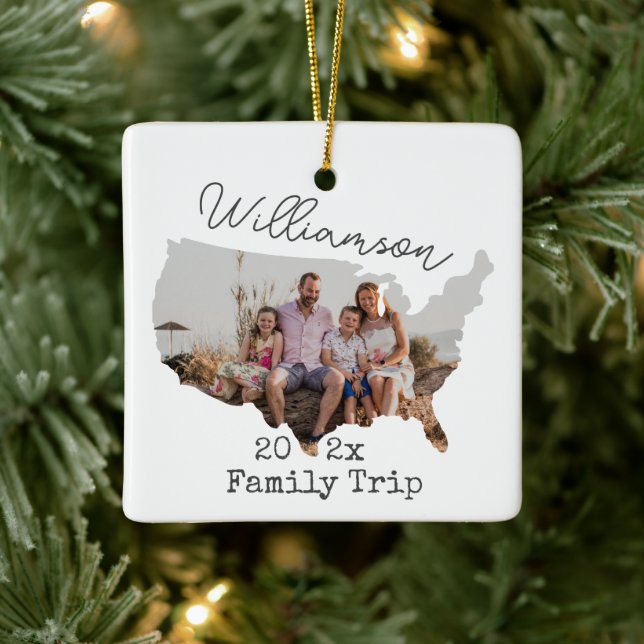 Custom USA Map Outline Vacation Family Photo Ceramic Ornament (Tree)