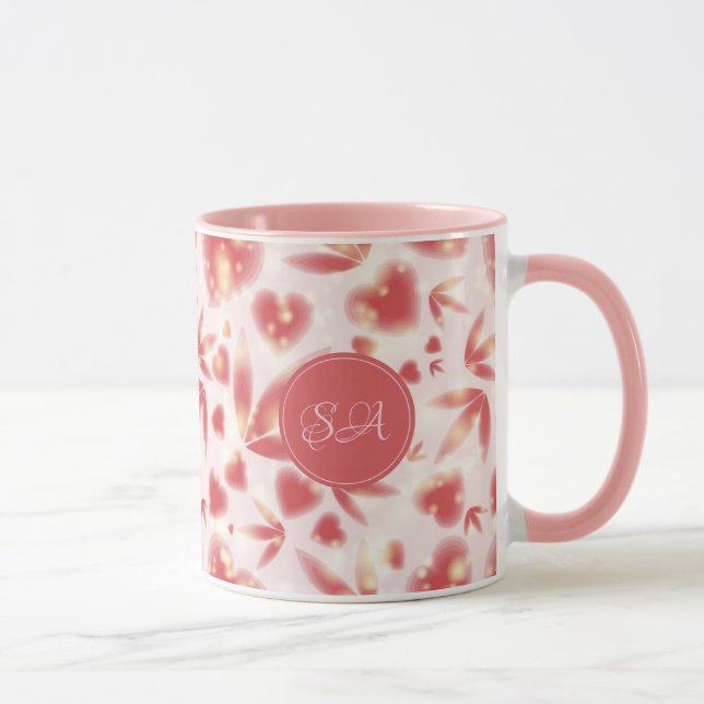 Custom Valentine Day Pink Hearts Shiny Dots Light Mug (Right)