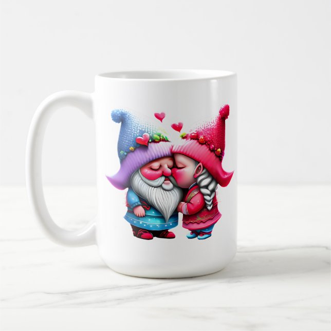 Custom Valentine Gnome Kissing Couple Sweethearts Coffee Mug (Left)