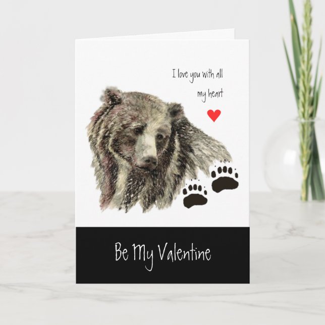 Custom Valentine Love Heart Grizzly Bear Animal Holiday Card (Front)