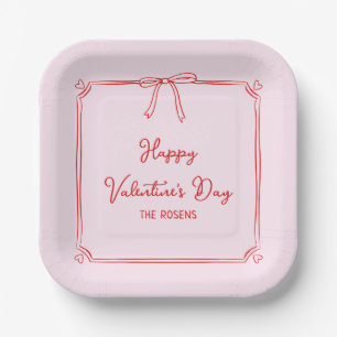 Custom Valentine's Day Party Blush Pink Bow Hearts Paper Plate