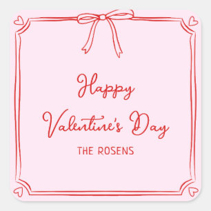 Custom Valentine's Day Party Blush Pink Bow Hearts Square Sticker