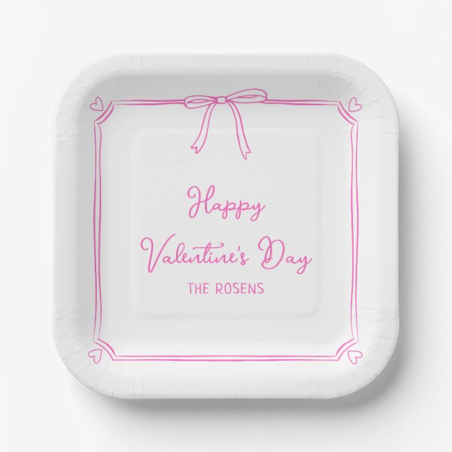 Custom Valentine's Day Party Cute Pink Bow Hearts Paper Plate (Front)
