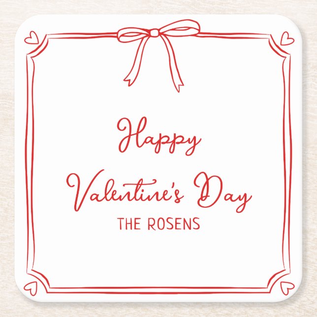 Custom Valentine's Day Party Cute Red Bow Hearts Square Paper Coaster (Front)