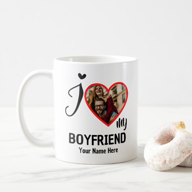 Custom Valentines Heart Photo I Love My Boyfriend Coffee Mug (With Donut)