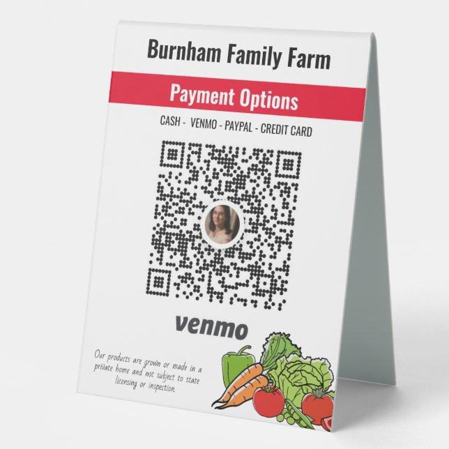 Custom Venmo Farmers Market Table Tent Sign (Front)