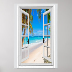 Custom Vertical Beach and Ocean Window View Poster
