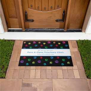 Custom Veterinary Clinic Colourful Paw Prints Blac Doormat