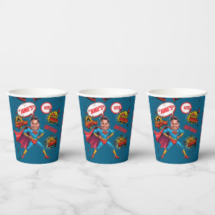 Custom Vibrant Superhero Caricature 10th Birthday Paper Cups