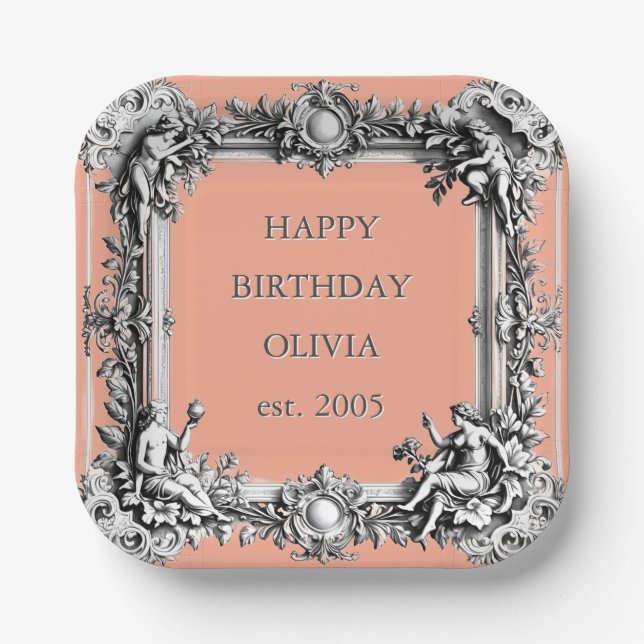 Custom Victorian Scroll Frame – clay pink coral Paper Plate (Front)
