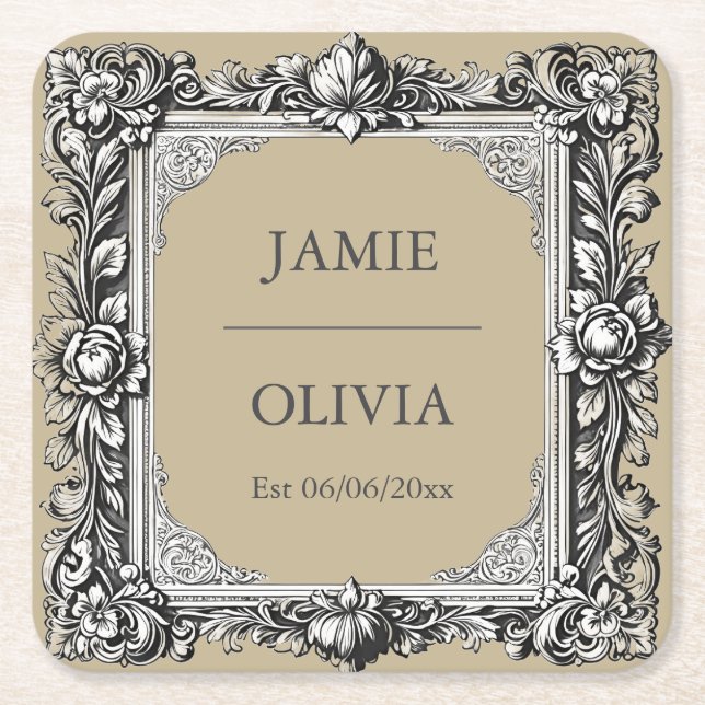 Custom Victorian Scroll Frame Napkin – mocha brown Square Paper Coaster (Front)