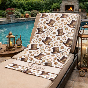 Custom Victorian Steampunk Hat and Clockwork Name Beach Towel