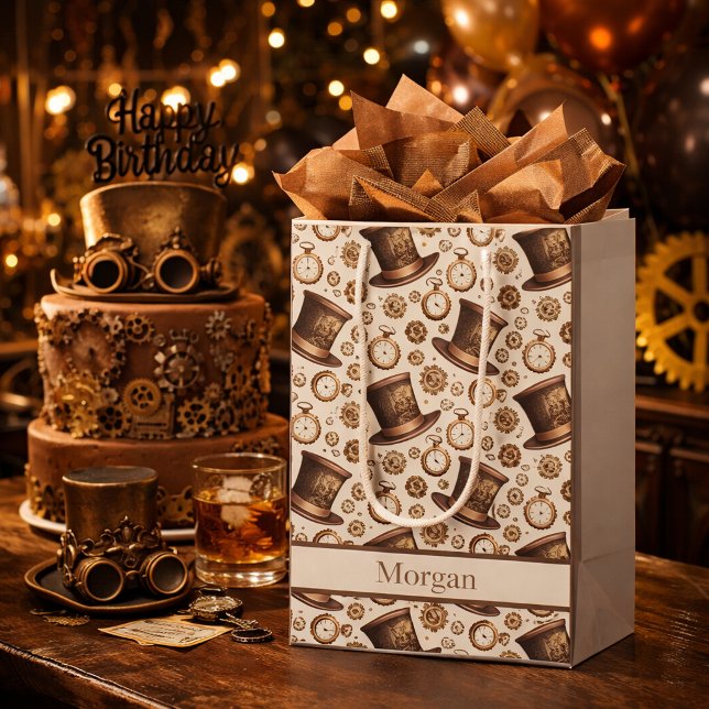 Custom Victorian Steampunk Hat and Clockwork Name Medium Gift Bag (Creator Uploaded)