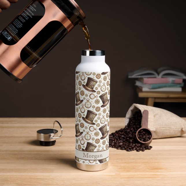 Custom Victorian Steampunk Hat and Clockwork Name Water Bottle (Coffee (Rotated))