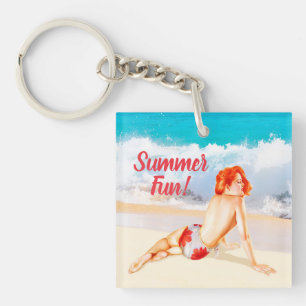 Custom, vintage and retro 1950s beach pin-up girl, key ring
