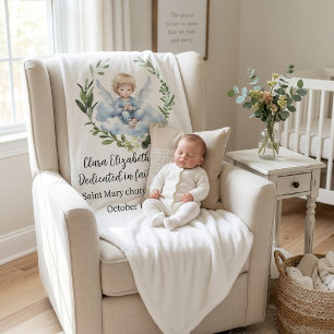Custom Vintage Angel Christening Botanical Fleece Blanket