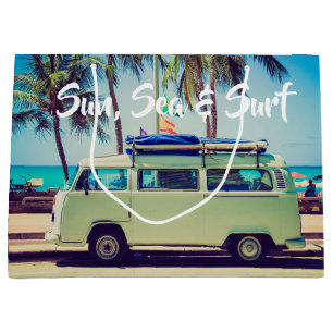 Custom, vintage beach camper bus and palm trees: large gift bag