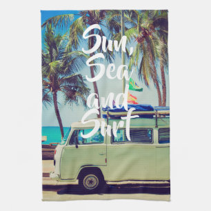 Custom, vintage beach camper bus and palm trees: tea towel