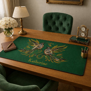 Custom Vintage Bird Floral Green Desk Mat
