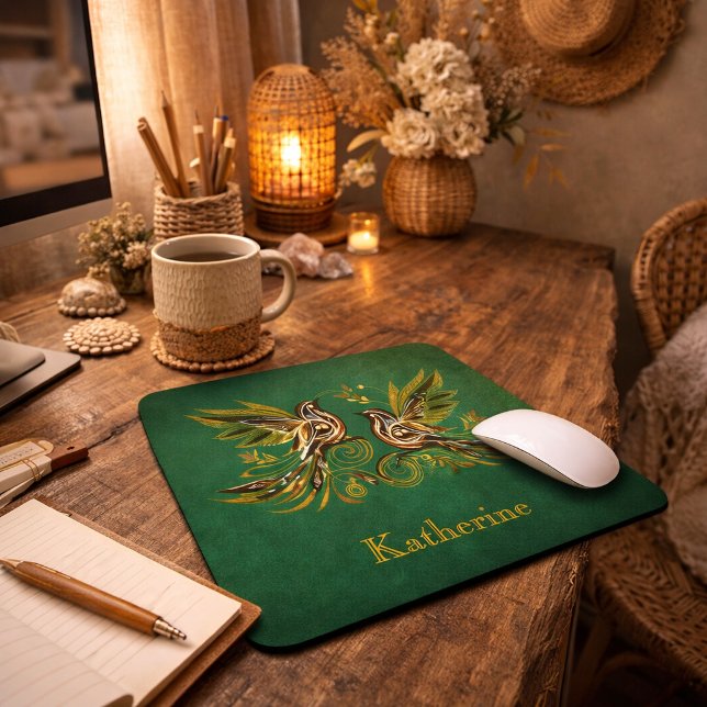 Custom Vintage Bird Floral Green Mouse Mat (Creator Uploaded)