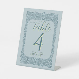 Custom vintage blue lace table number for wedding pedestal sign