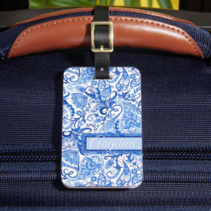 Custom Vintage Blue White Floral Paisley Pattern Luggage Tag