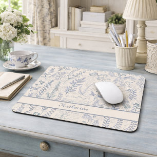 Custom Vintage Blue Wildflower French Toile Mouse Mat