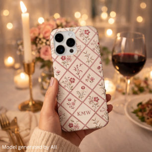 Custom Vintage Blush Pink Floral Lattice Pattern iPhone 16 Pro Max Case