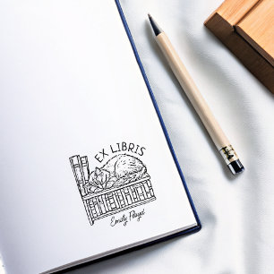 Custom Vintage Cat Sleeping Bookplate  Rubber Stamp