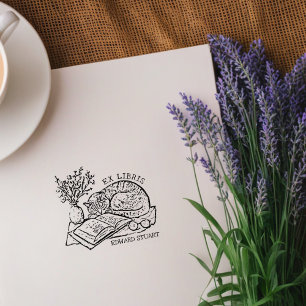 Custom Vintage Cat Sleeping Bookplate  Rubber Stamp