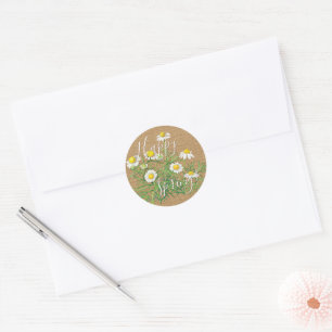 Custom Vintage Chamomile Flowers Faux Jute Burlap Classic Round Sticker
