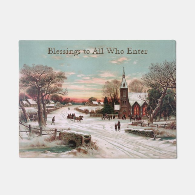 Custom Vintage Christmas Churchgoers Doormat (Front)