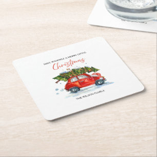 Custom Vintage Christmas Napkins – Red Car & Tree Square Paper Coaster