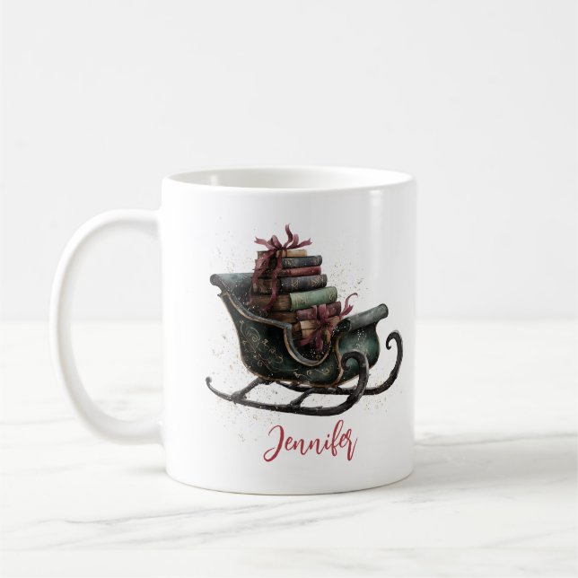 Custom Vintage Christmas Sleigh with Books  Coffee Mug (Left)