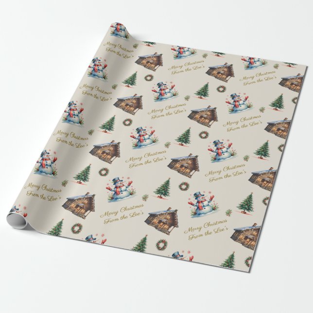 Custom Vintage Christmas Snowman Cabin Wreath Wrapping Paper (Unrolled)