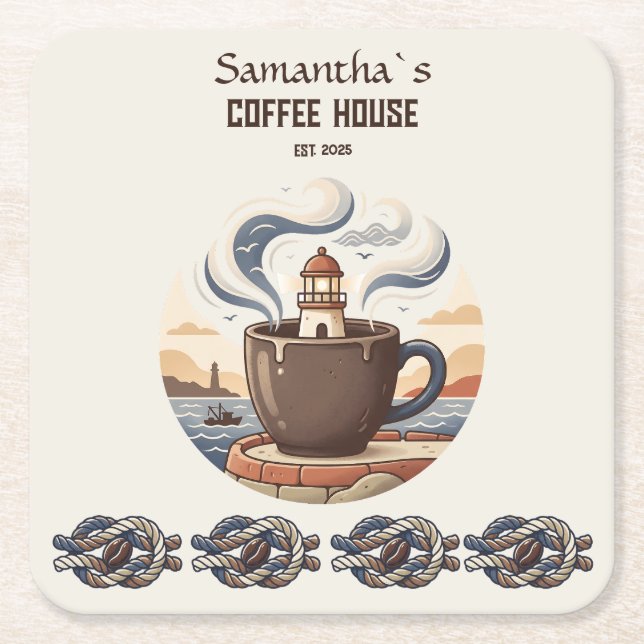Custom Vintage Coastal Cafe Merch Square Paper Coaster (Front)