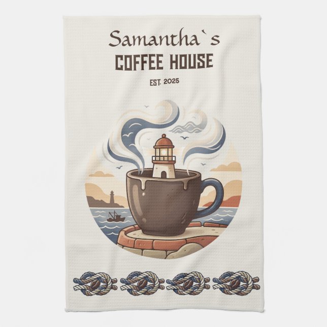 Custom Vintage Coastal Cafe Merch Tea Towel (Vertical)