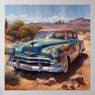 Custom Vintage Desert Sedan Painting Art Poster