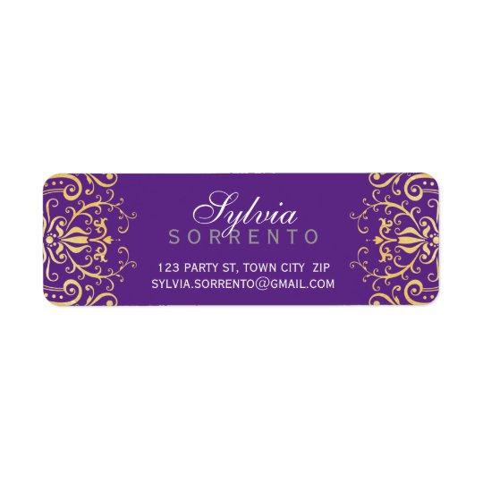 CUSTOM vintage elegant filigree damask purple gold Return Address Label
