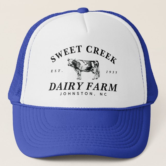 Custom Vintage Farmhouse Style Dairy Farm Trucker Hat (Front)
