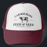 Custom Vintage Farmhouse Style Feed Trucker Hat<br><div class="desc">Classic typography and a vintage dairy cow etching help to create your own vintage feed and seed farm style logo trucker hat. Personalise the arched name text,  the year and location for a truly one of a kind gift to the serious or hobby farmer in your life.</div>