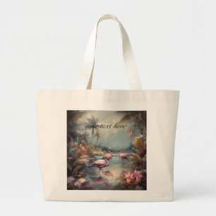 Custom Vintage Flamingo Tropical Lagoon Art Large Tote Bag
